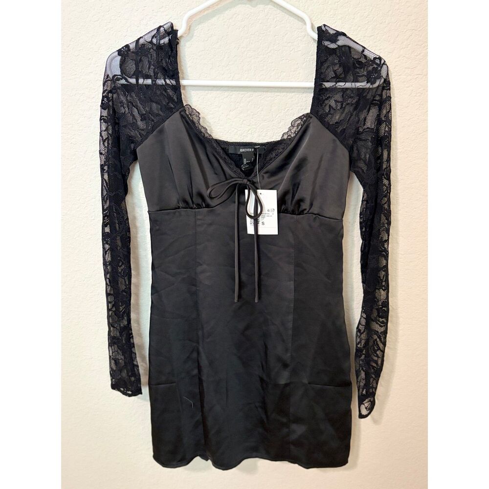 Forever 21 Black Satin Lace Sleeve Mini Dress Womens Size S NWT
